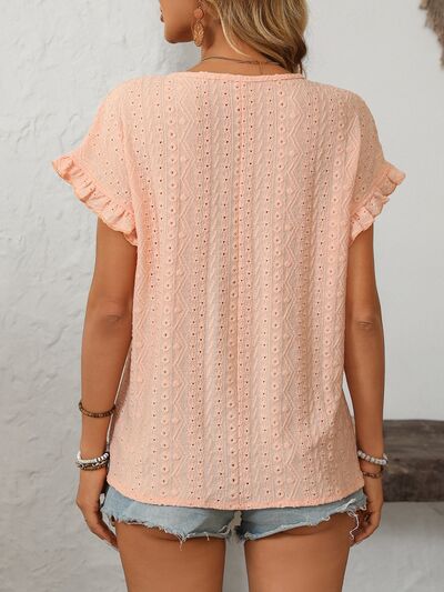 Mandy eyelet round neck short sleeve top with frill.