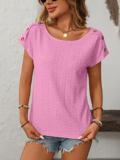 Mandy eyelet round neck short sleeve top with decorative buttons.