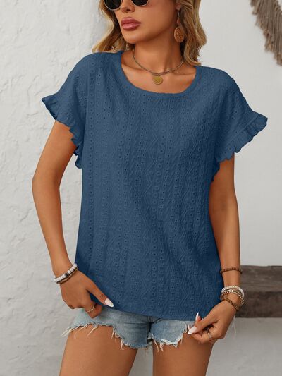 Mandy eyelet round neck short sleeve top with frill.