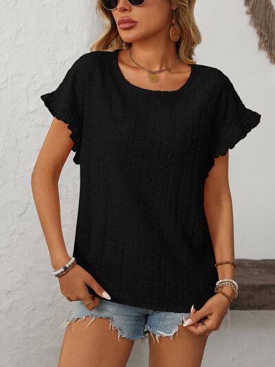 Mandy eyelet round neck short sleeve top with frill.