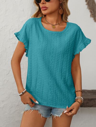 Mandy eyelet round neck short sleeve top with frill.