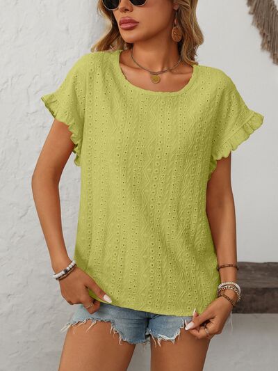 Mandy eyelet round neck short sleeve top with frill.