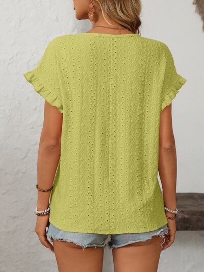 Mandy eyelet round neck short sleeve top with frill.