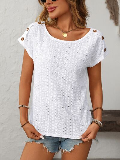 Mandy eyelet round neck short sleeve top with decorative buttons.