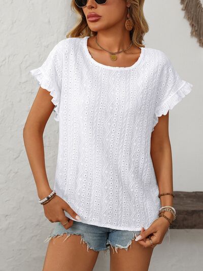 Mandy eyelet round neck short sleeve top with frill.