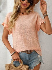 Mandy eyelet round neck short sleeve top with frill.