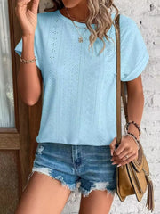 Eyelet round neck short sleeve top.