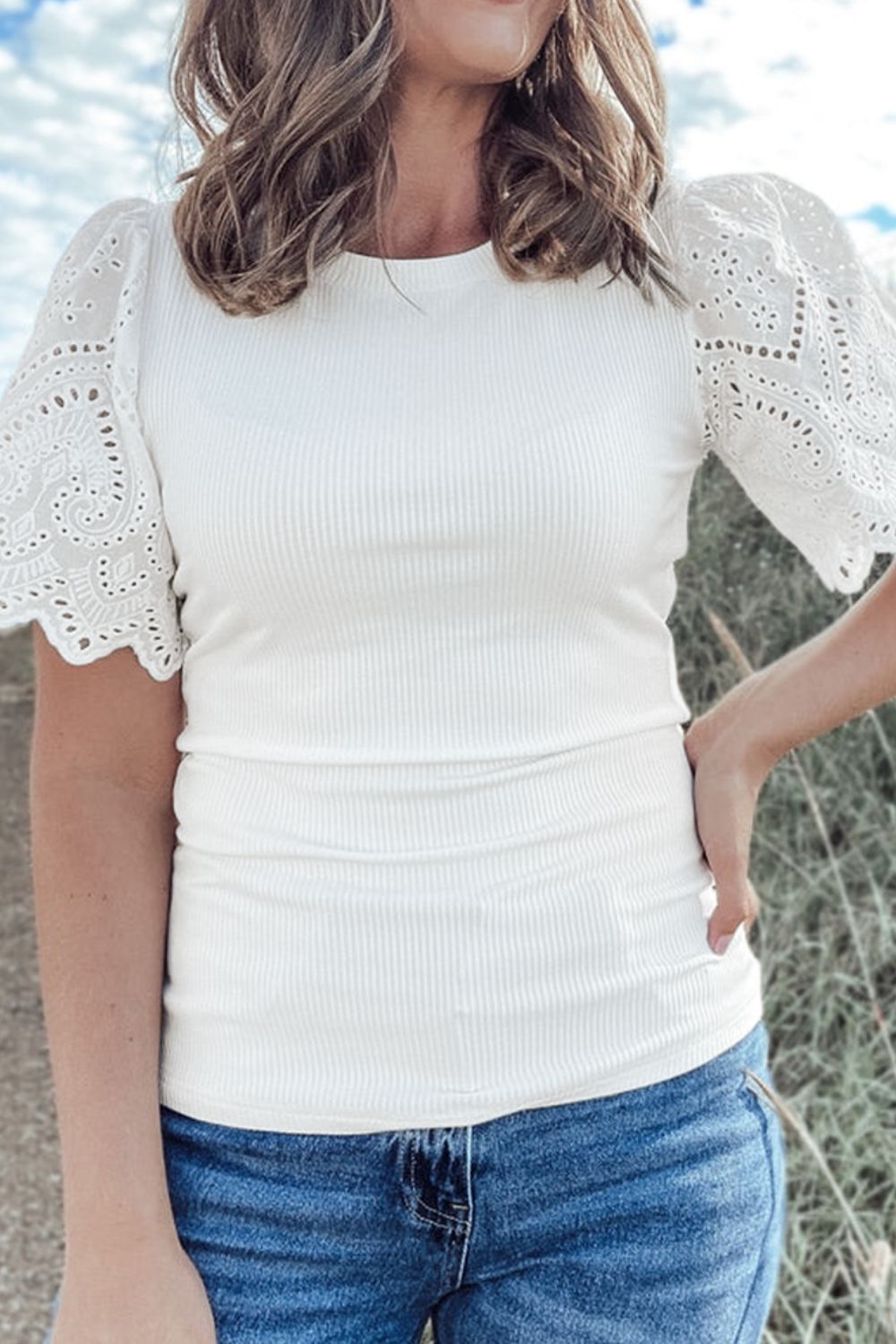 Eyelet short sleeve patchwork ribbed top.