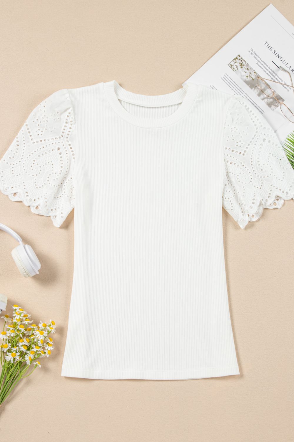 Eyelet short sleeve patchwork ribbed top.