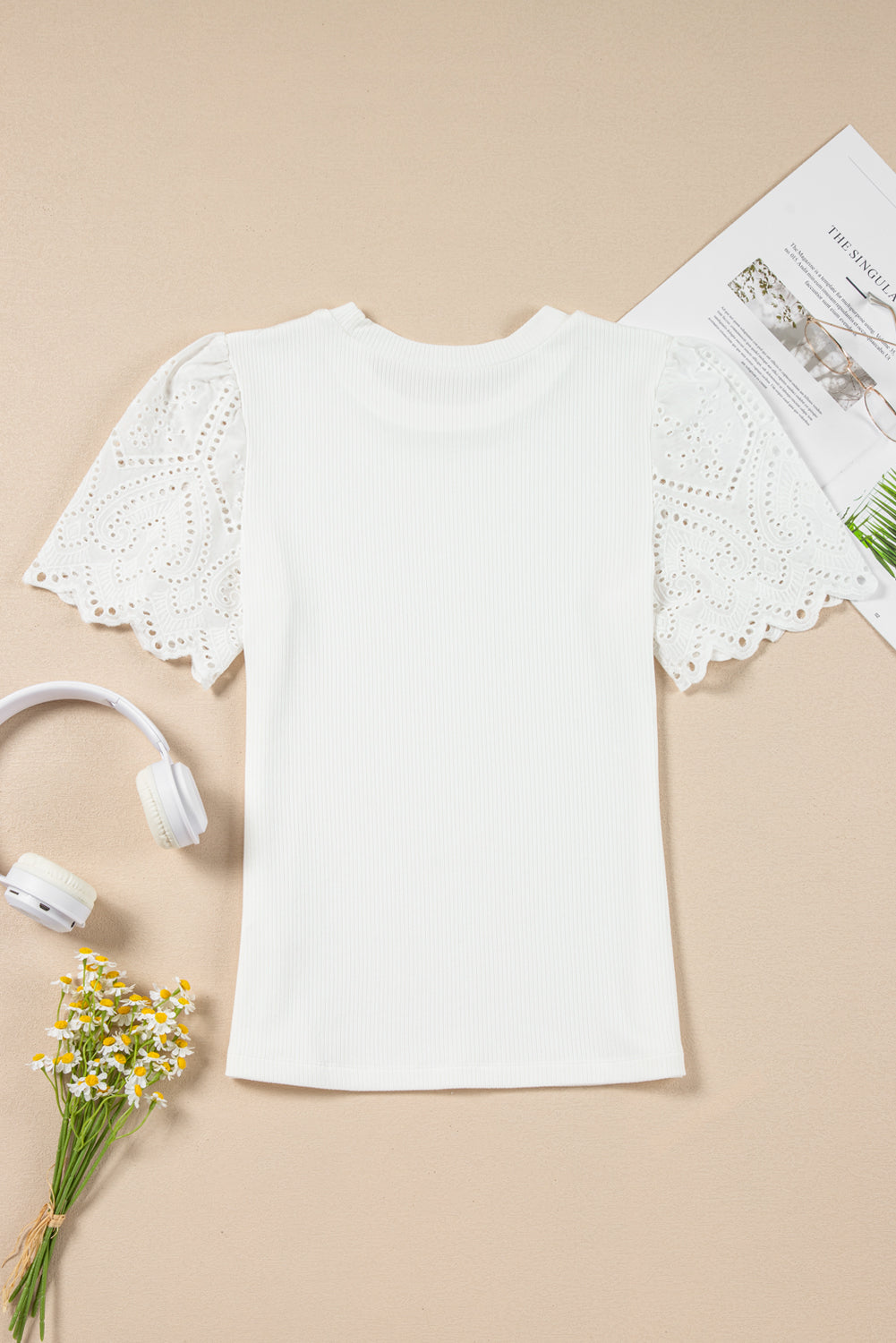 Eyelet short sleeve patchwork ribbed top.