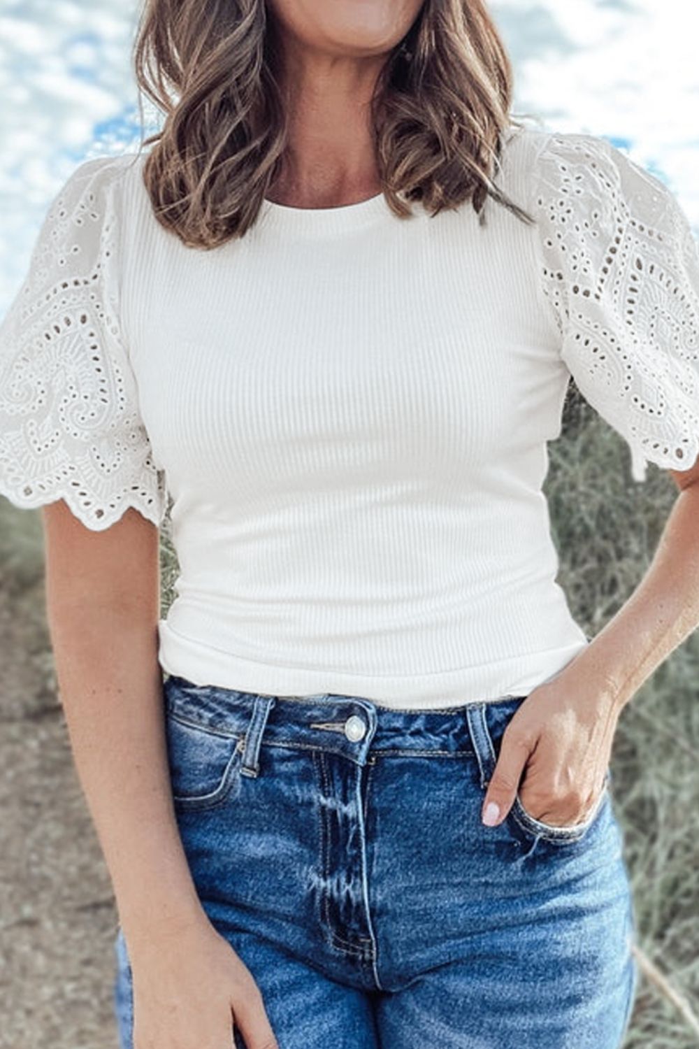 Eyelet short sleeve patchwork ribbed top.