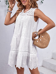 Perfee Eyelet Tie Neck Sleeveless Mini Dress.