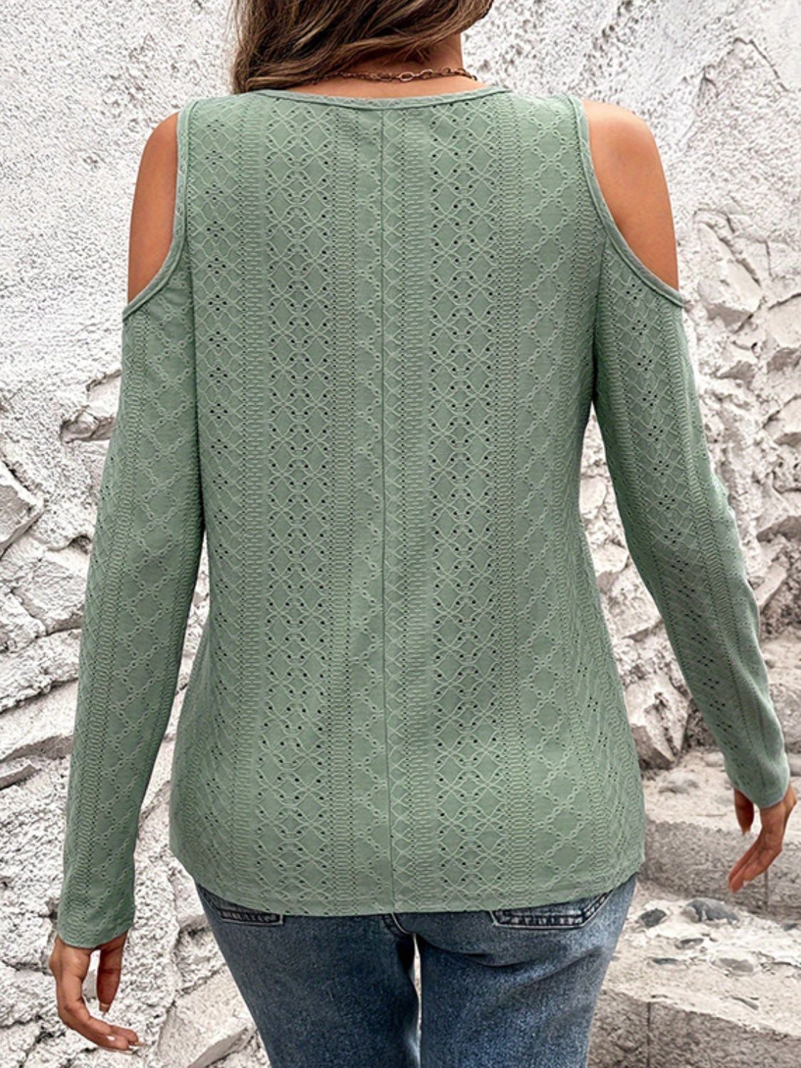 Eyelet V-Neck Cold Shoulder T-Shirt