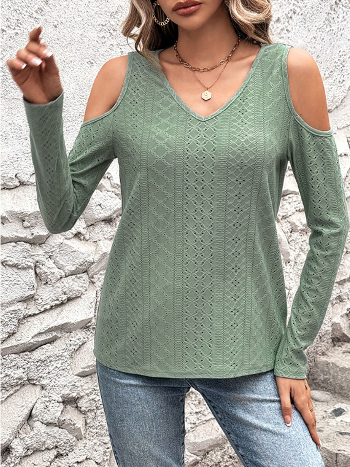 Eyelet V-Neck Cold Shoulder T-Shirt
