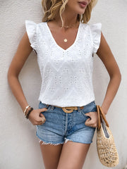 Perfee eyelet V-neck ruffled cap sleeve blouse.
