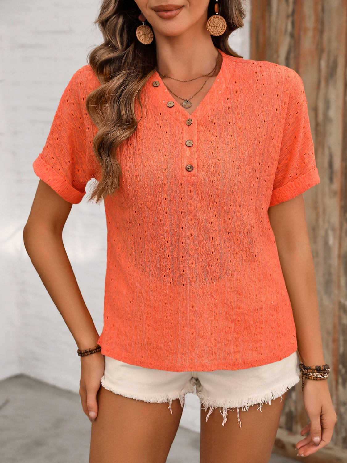 Ivy Lane eyelet V-neck short sleeve top.