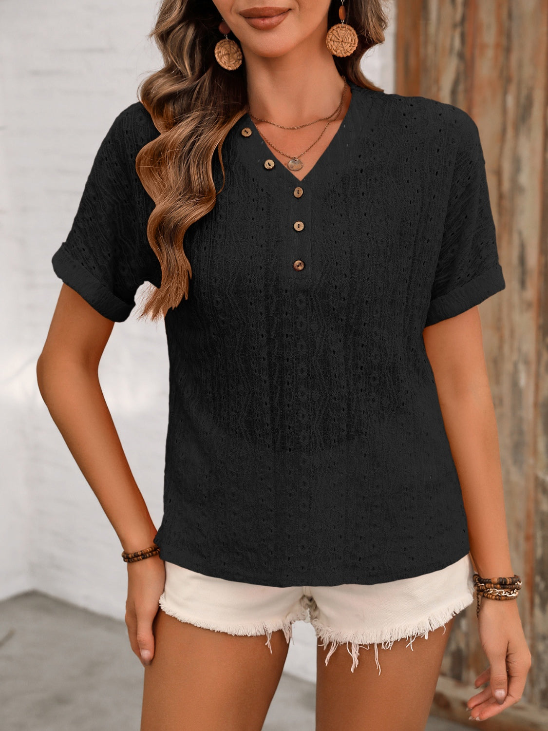 Ivy Lane eyelet V-neck short sleeve top.