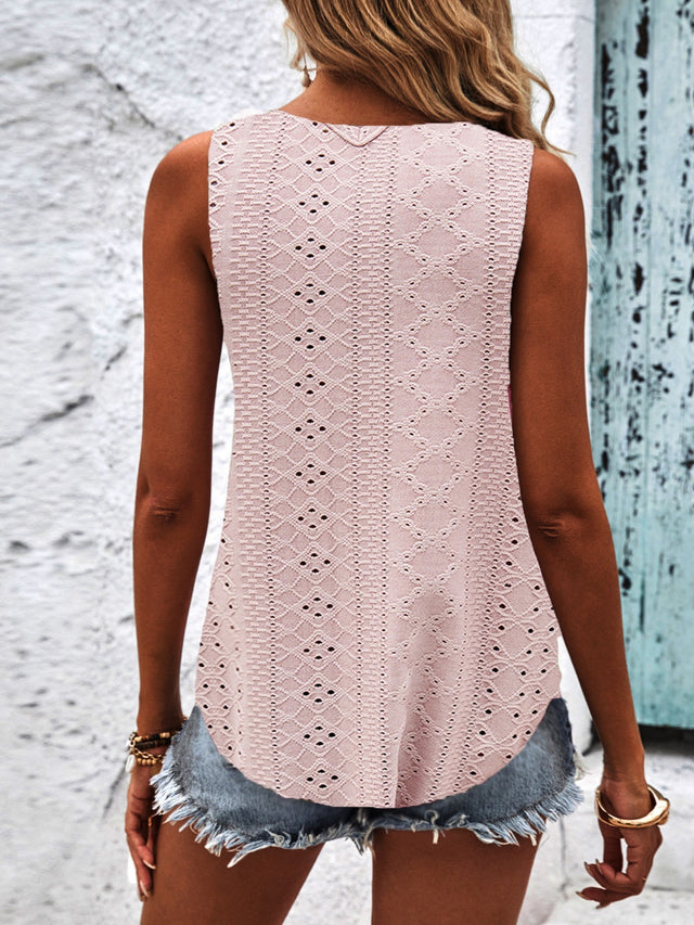 Eyelet wide strap tank top with crisscross back.