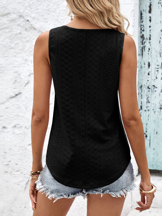 Eyelet wide strap tank top with crisscross back.