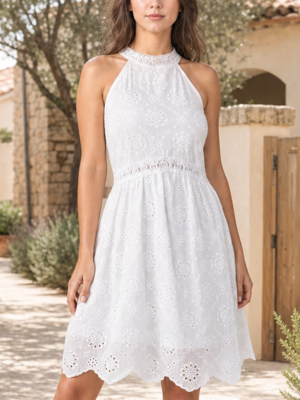 Eyelet Grecian Neck Mini Dress