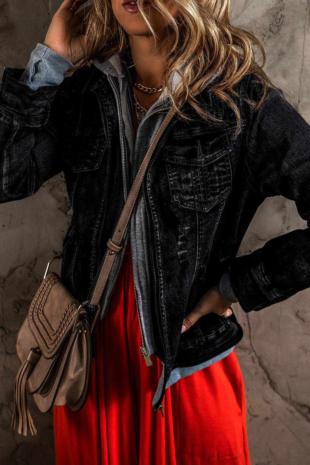 Distressed fake two-piece hooded zip-up denim jacket with buttoned pockets and drawstring.