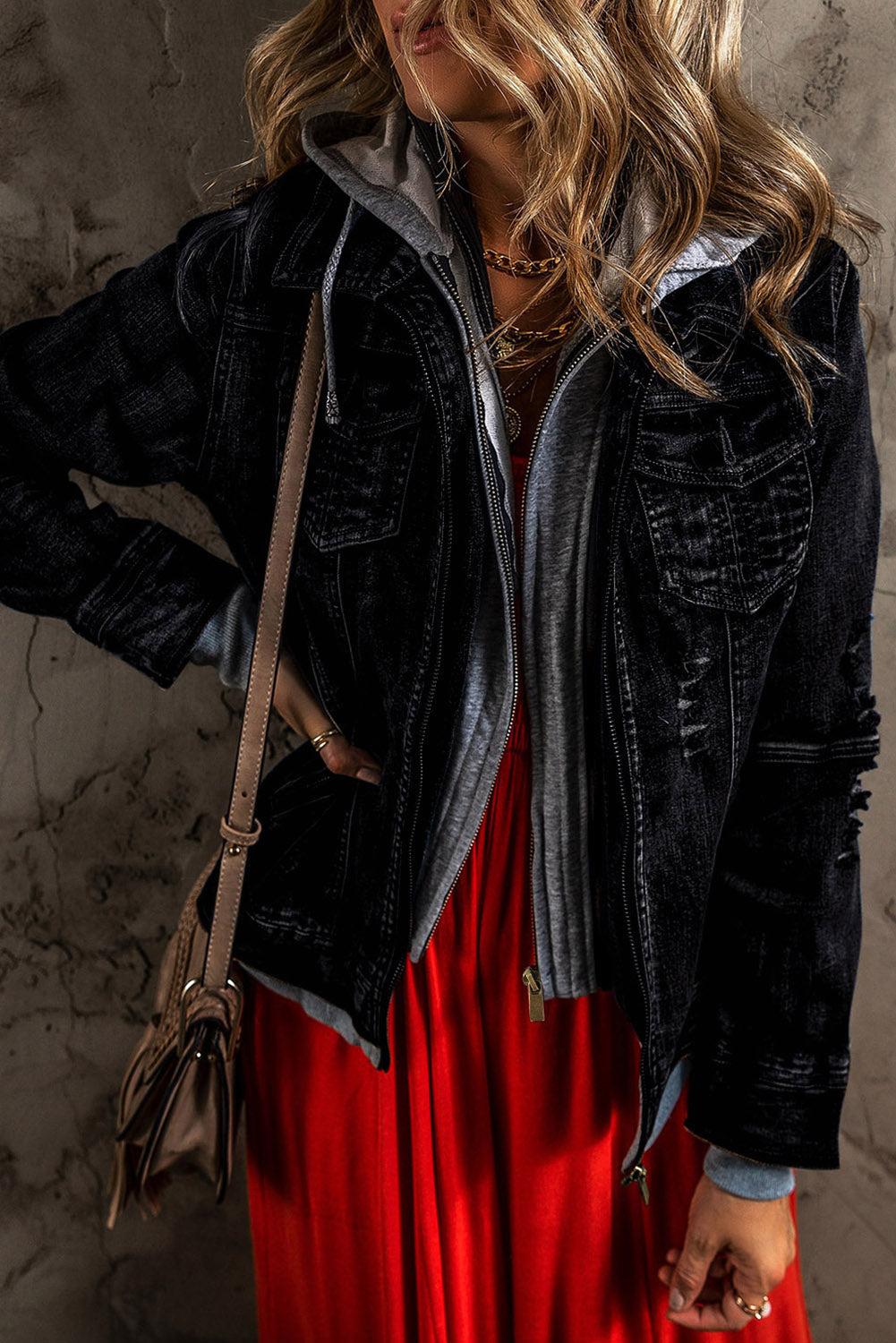 Distressed fake two-piece hooded zip-up denim jacket with buttoned pockets and drawstring.