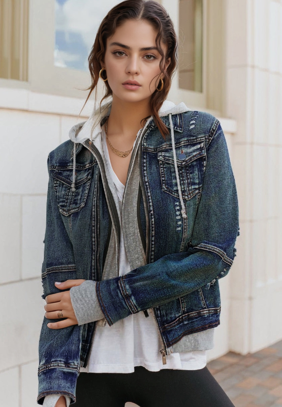 Distressed fake two-piece hooded zip-up denim jacket with buttoned pockets and drawstring.