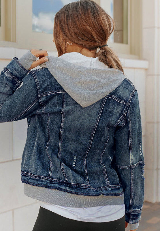 Distressed fake two-piece hooded zip-up denim jacket with buttoned pockets and drawstring.