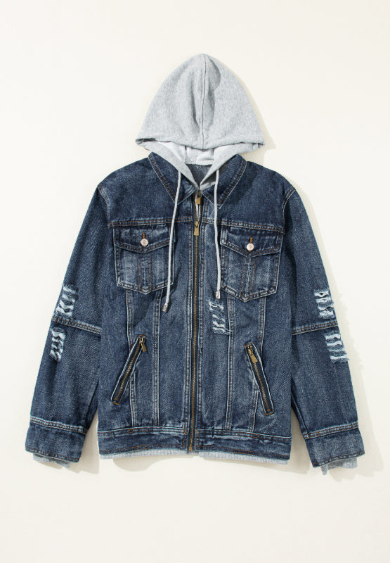 Distressed fake two-piece hooded zip-up denim jacket with buttoned pockets and drawstring.