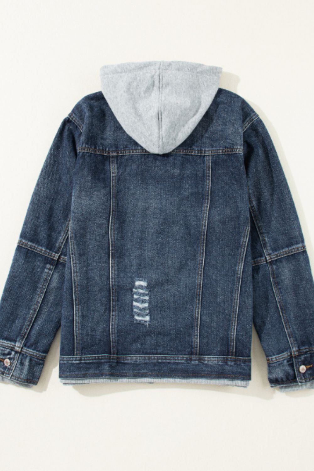 Distressed fake two-piece hooded zip-up denim jacket with buttoned pockets and drawstring.