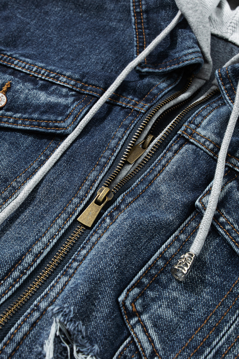 Distressed fake two-piece hooded zip-up denim jacket with buttoned pockets and drawstring.
