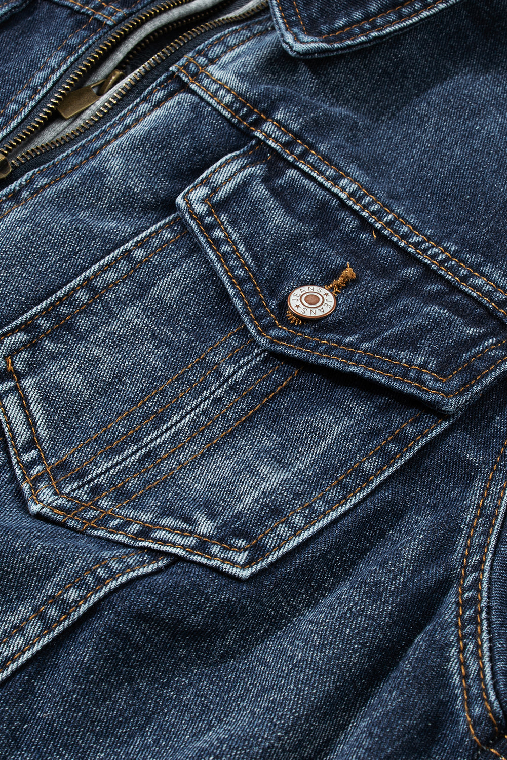 Distressed fake two-piece hooded zip-up denim jacket with buttoned pockets and drawstring.