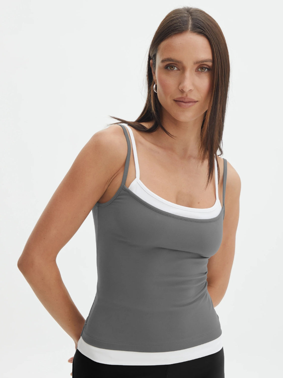 Faux layered square neck cropped cami.