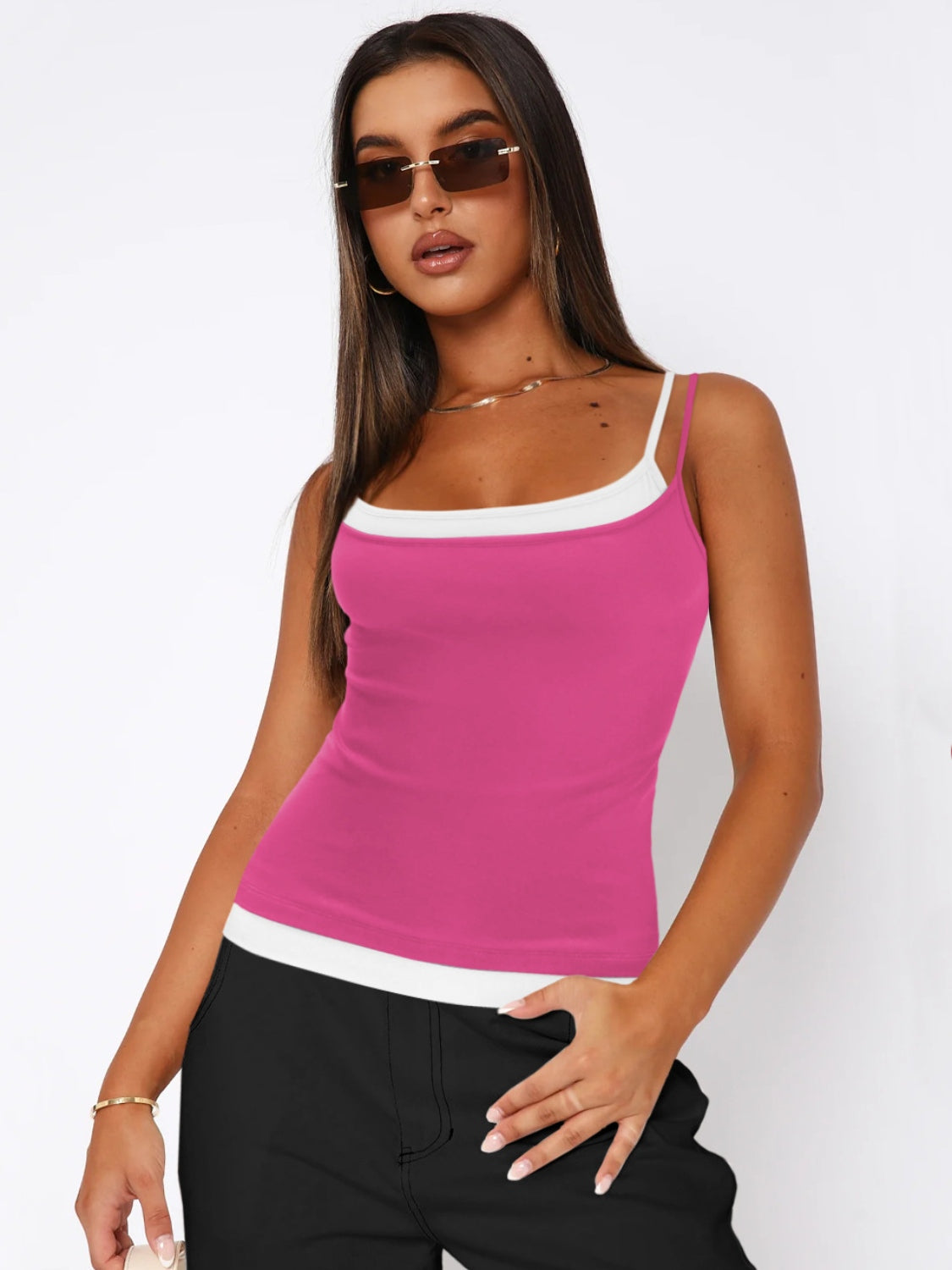 Faux layered square neck cropped cami.