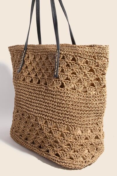 Faux Leather Handle Knitted Tote Bag