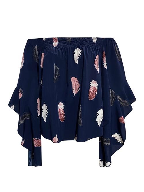 Feather print smocked off-shoulder blouse.