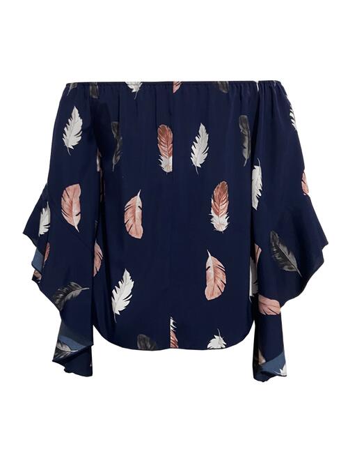 Feather print smocked off-shoulder blouse.