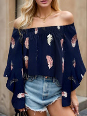 Feather print smocked off-shoulder blouse.
