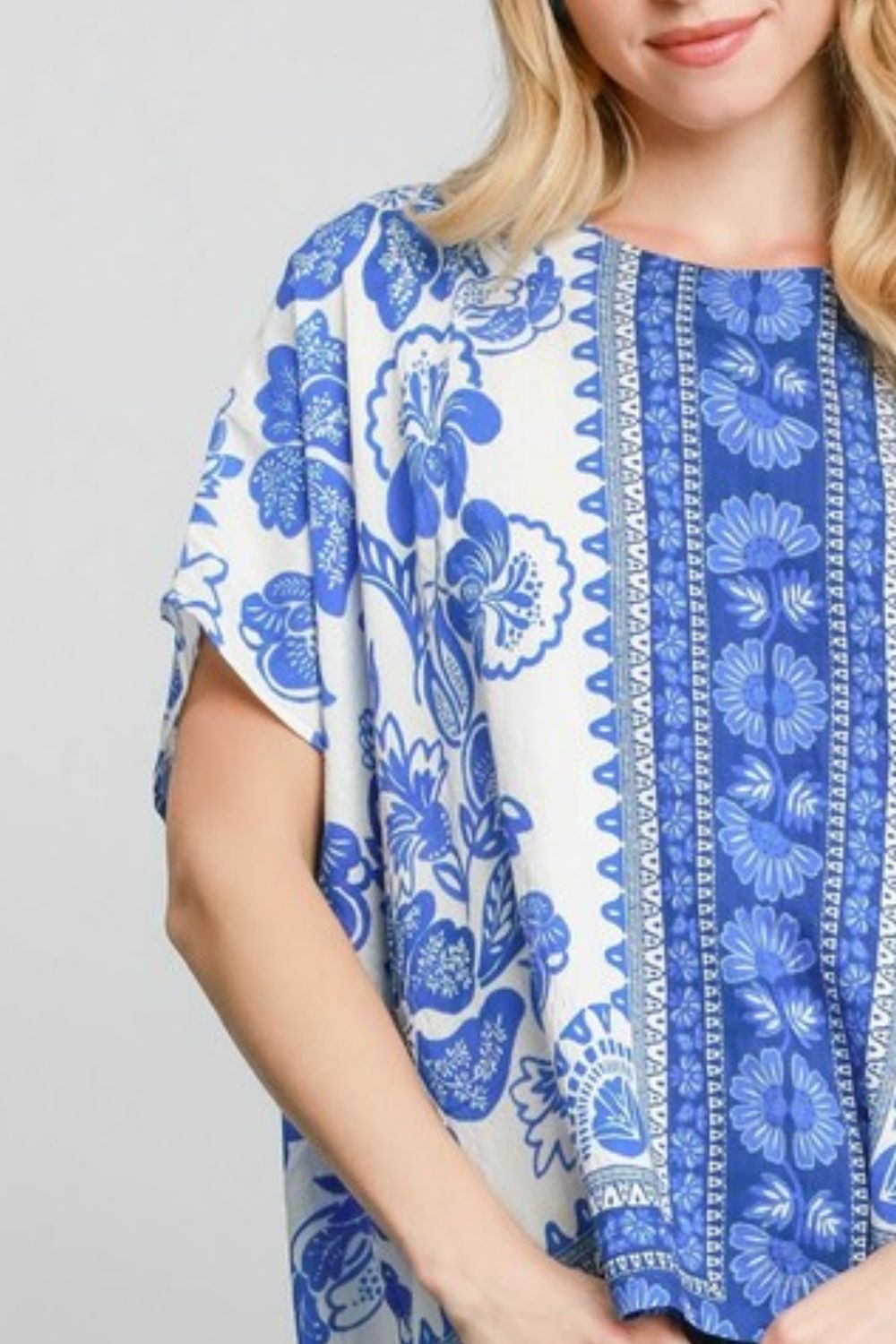 Umgee full size floral border print oversized top, plus size.
