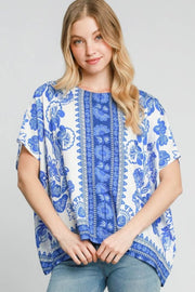 Umgee full size floral border print oversized top, plus size.