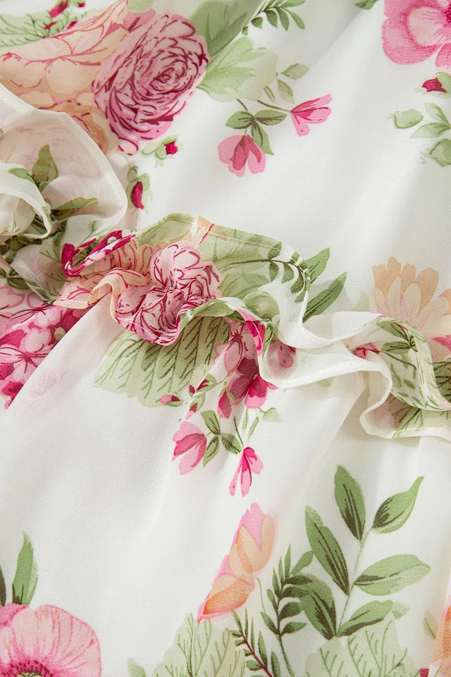 Floral Bubble Sleeve Sweetheart Neck Ruffle Mini Dress.