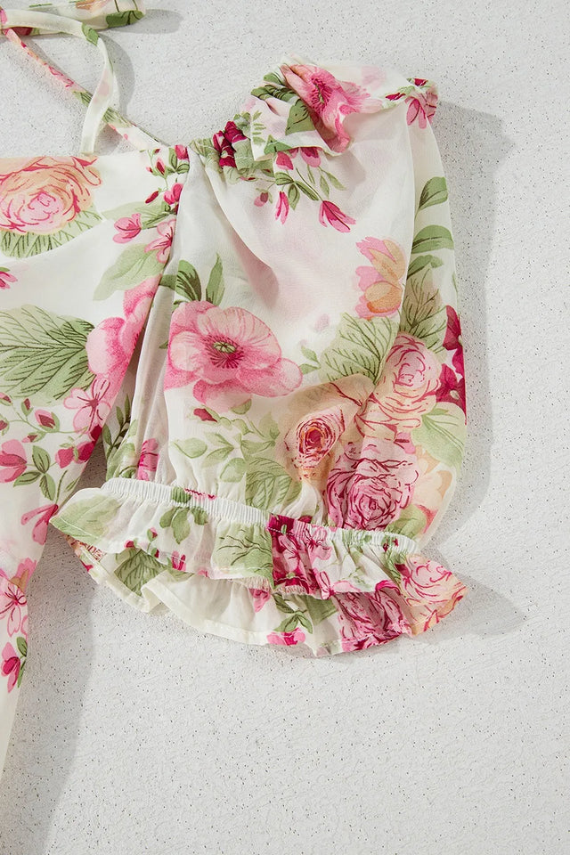 Floral Bubble Sleeve Sweetheart Neck Ruffle Mini Dress.