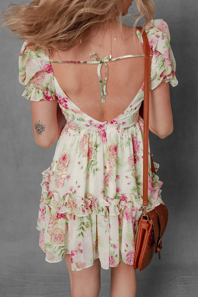 Floral Bubble Sleeve Sweetheart Neck Ruffle Mini Dress.