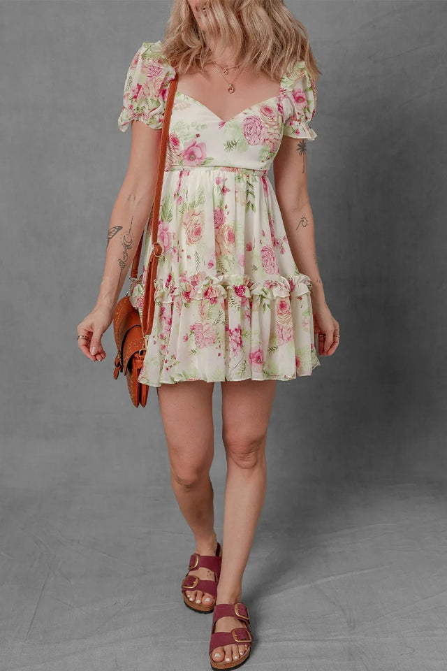 Floral Bubble Sleeve Sweetheart Neck Ruffle Mini Dress.