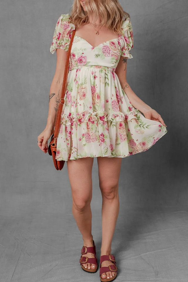 Floral Bubble Sleeve Sweetheart Neck Ruffle Mini Dress.