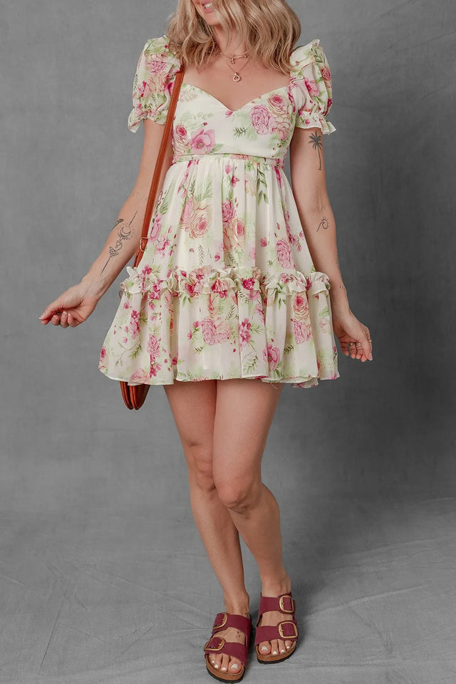 Floral Bubble Sleeve Sweetheart Neck Ruffle Mini Dress.