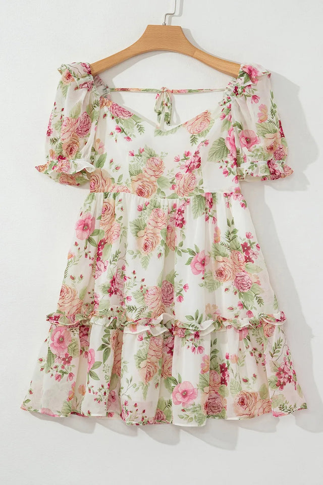 Floral Bubble Sleeve Sweetheart Neck Ruffle Mini Dress.