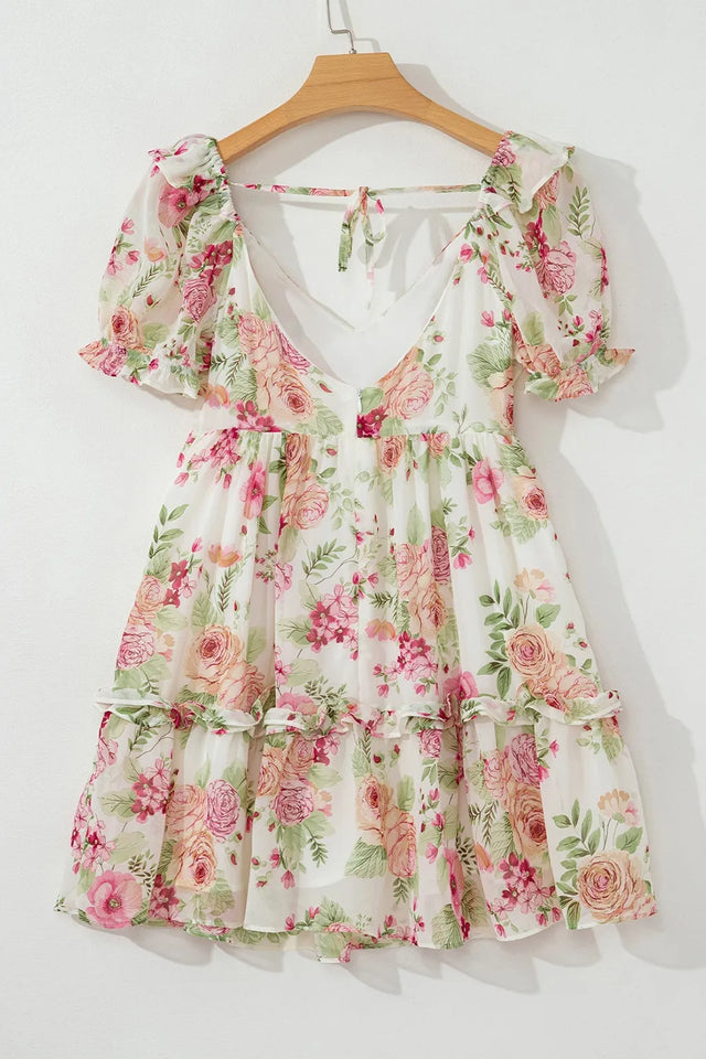 Floral Bubble Sleeve Sweetheart Neck Ruffle Mini Dress.