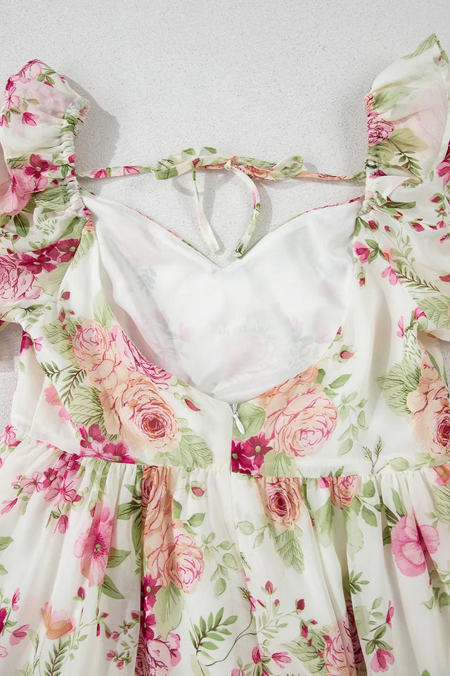 Floral Bubble Sleeve Sweetheart Neck Ruffle Mini Dress.