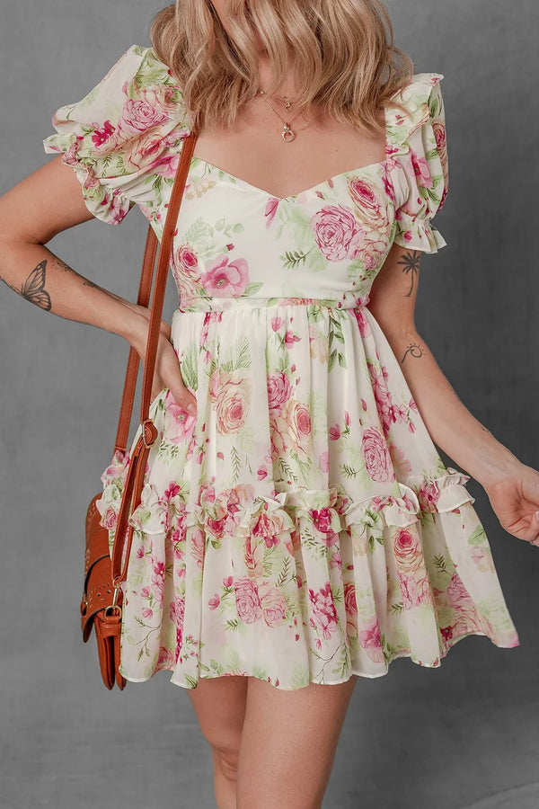 Floral Bubble Sleeve Sweetheart Neck Ruffle Mini Dress.